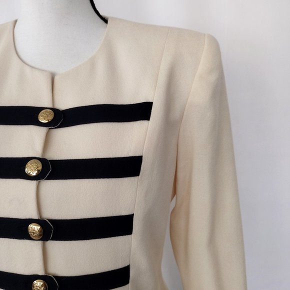 Vintage 1980s Cream and Black Striped Military Style Cropped Jacket - Picture 7 of 12